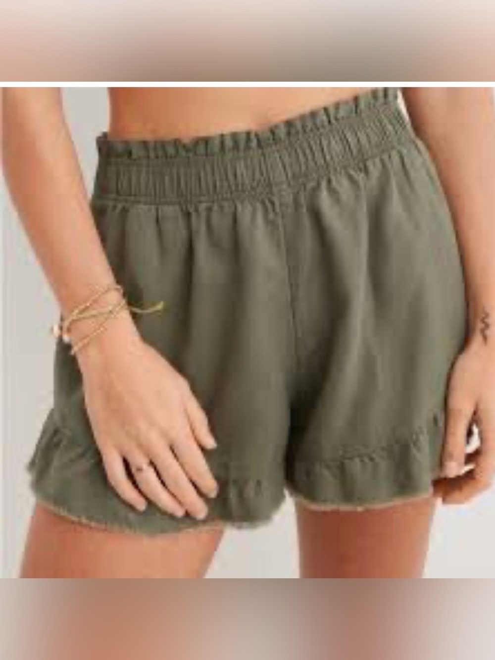 Aerie | Women's Olive Ruffle Hem Casual Linen Shorts | XS
